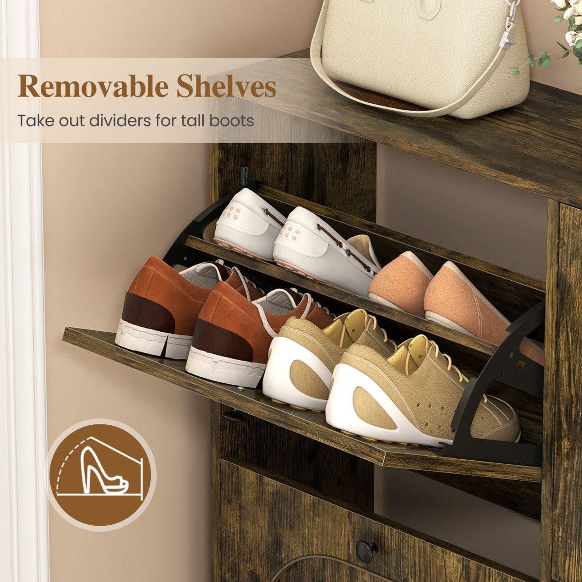 Rustic Brown Shoe Storage Cabinet with 4 Flip Drawers