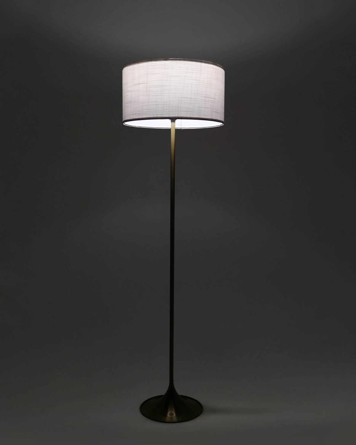 Floor lamp with a white textured shade on a dark background