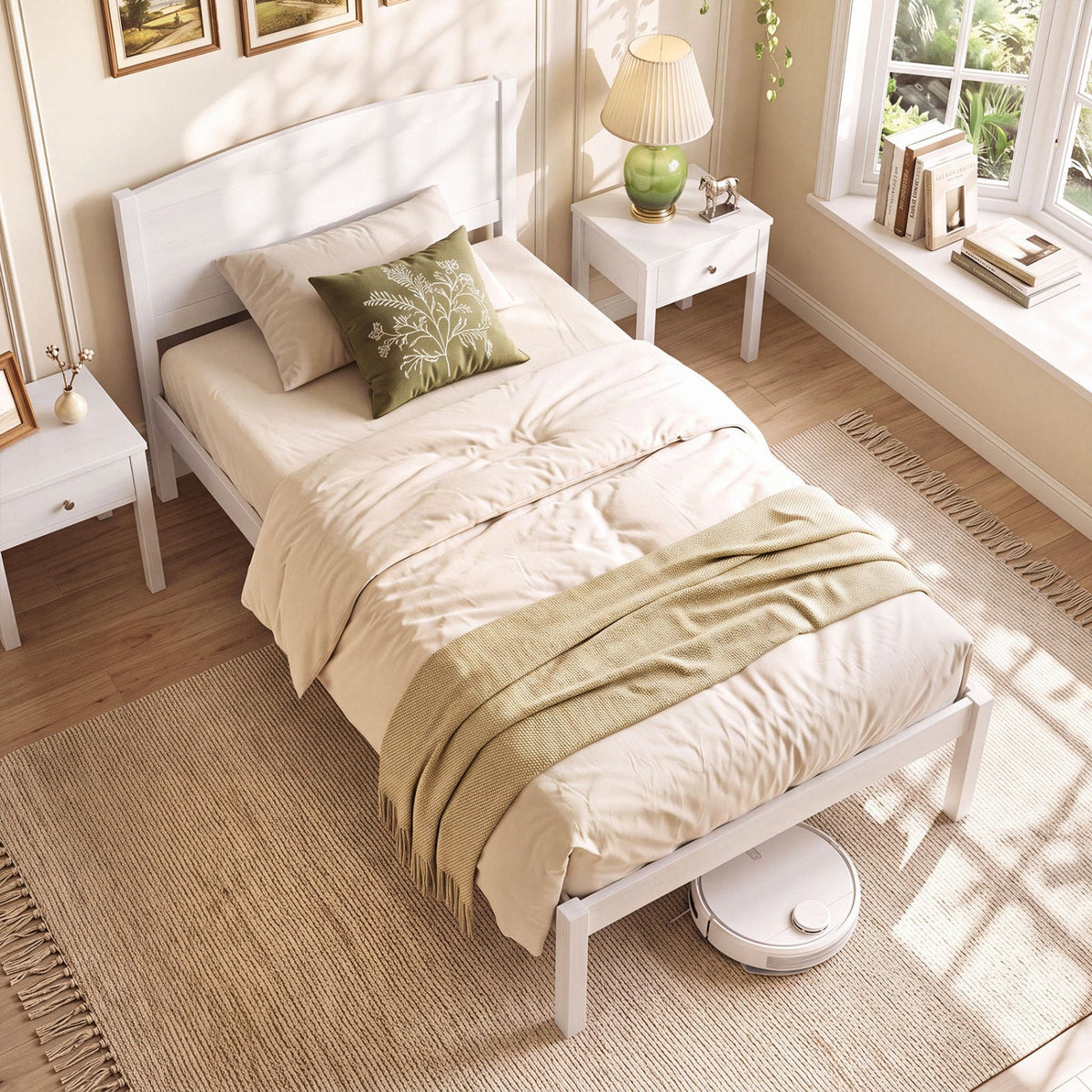 Pine Wood Twin Platform Bed Frame with Curved Headboard