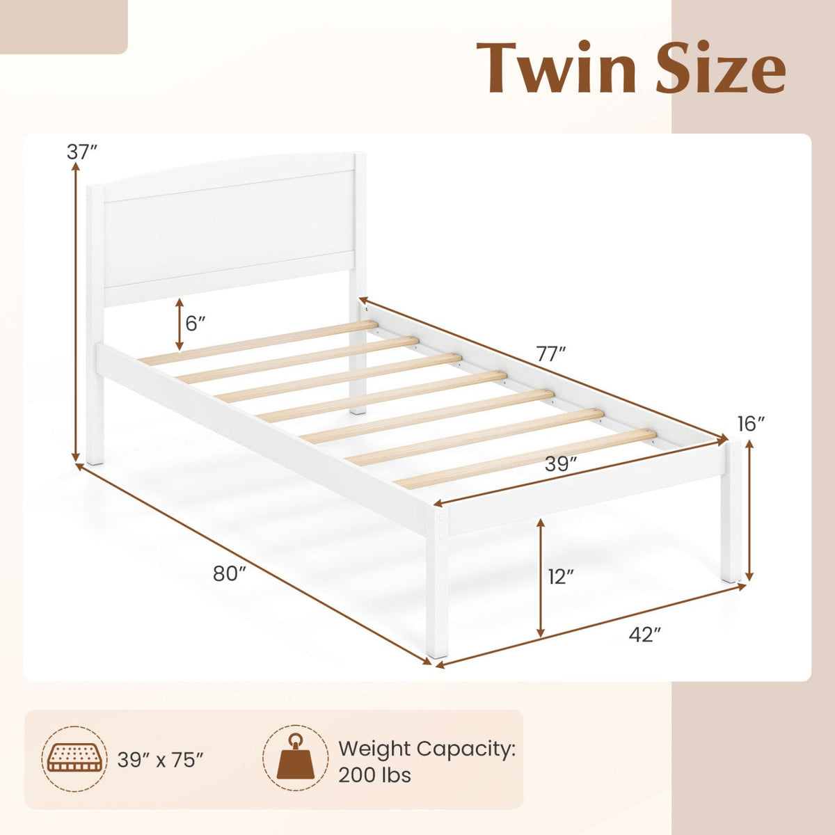 Pine Wood Twin Platform Bed Frame with Curved Headboard