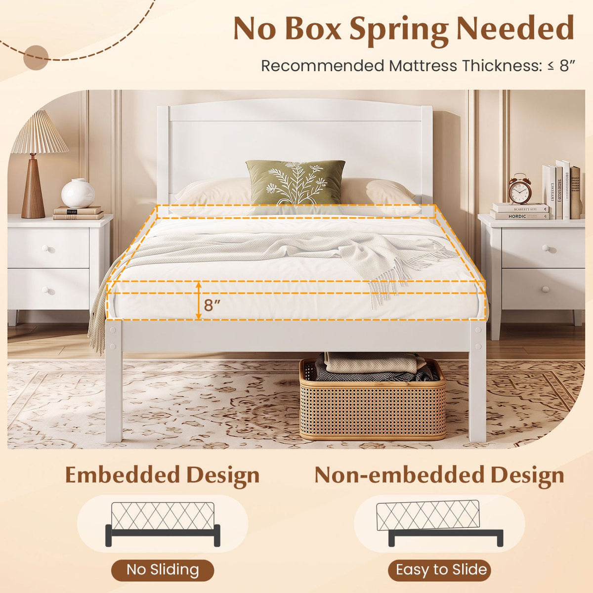 Pine Wood Twin Platform Bed Frame with Curved Headboard