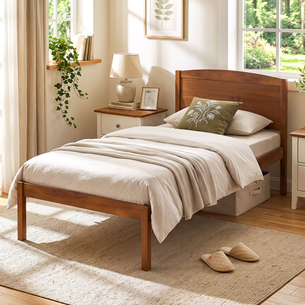 Pine Wood Twin Platform Bed Frame with Curved Headboard