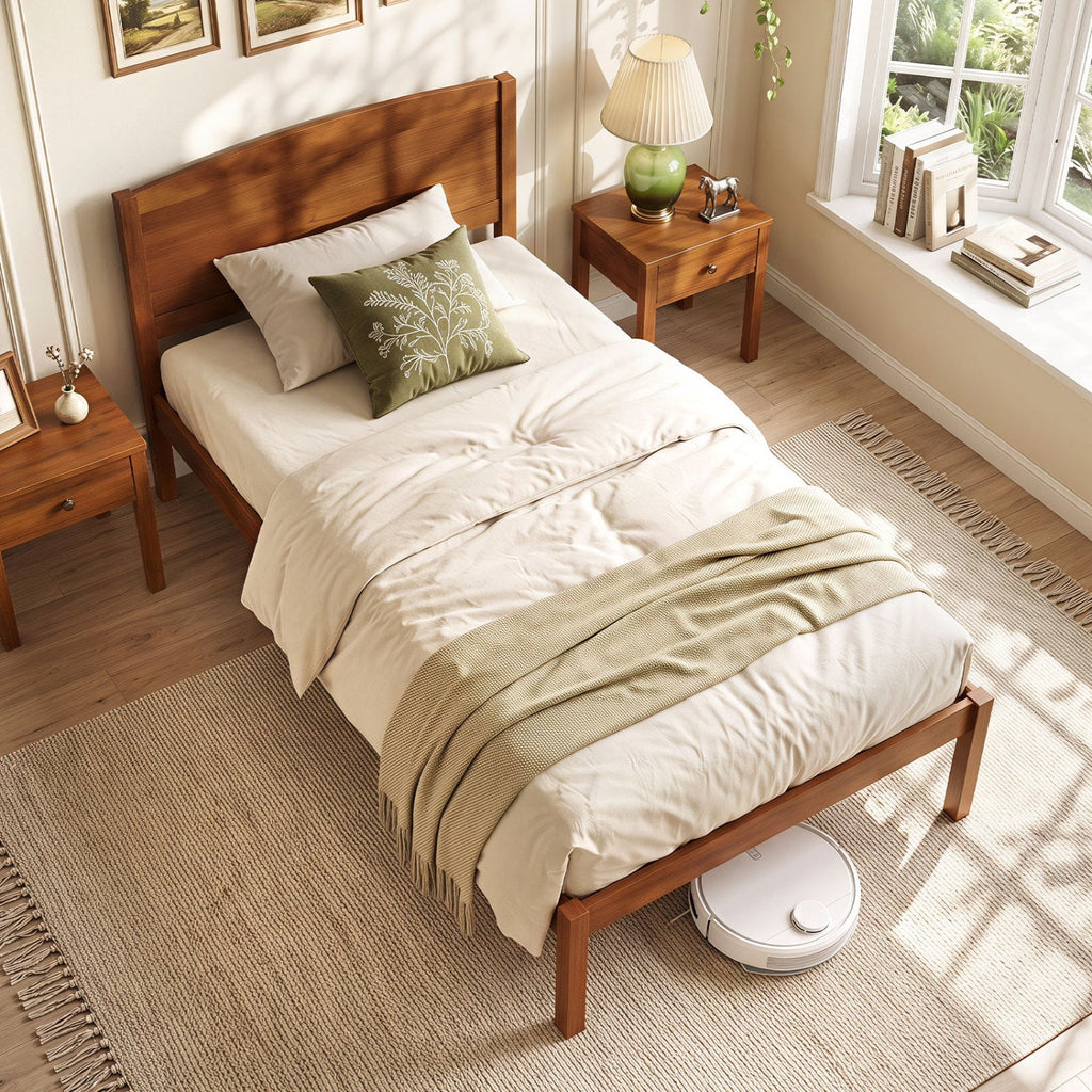 Pine Wood Twin Platform Bed Frame with Curved Headboard
