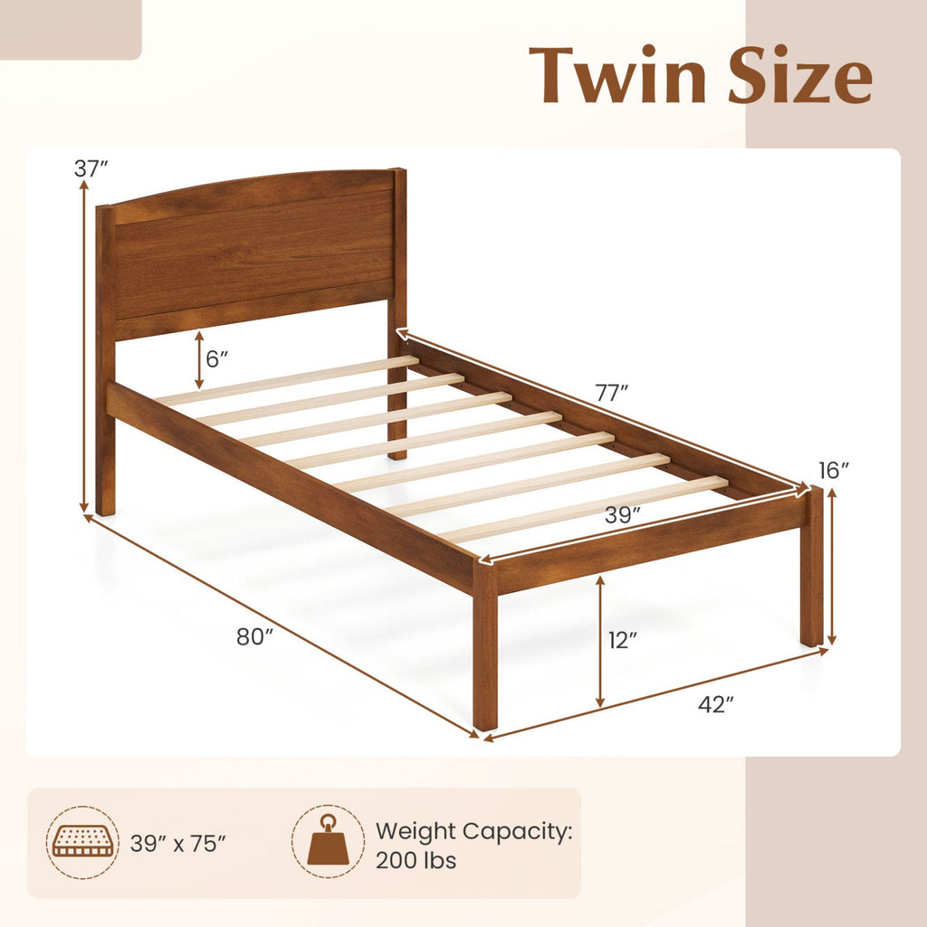 Pine Wood Twin Platform Bed Frame with Curved Headboard