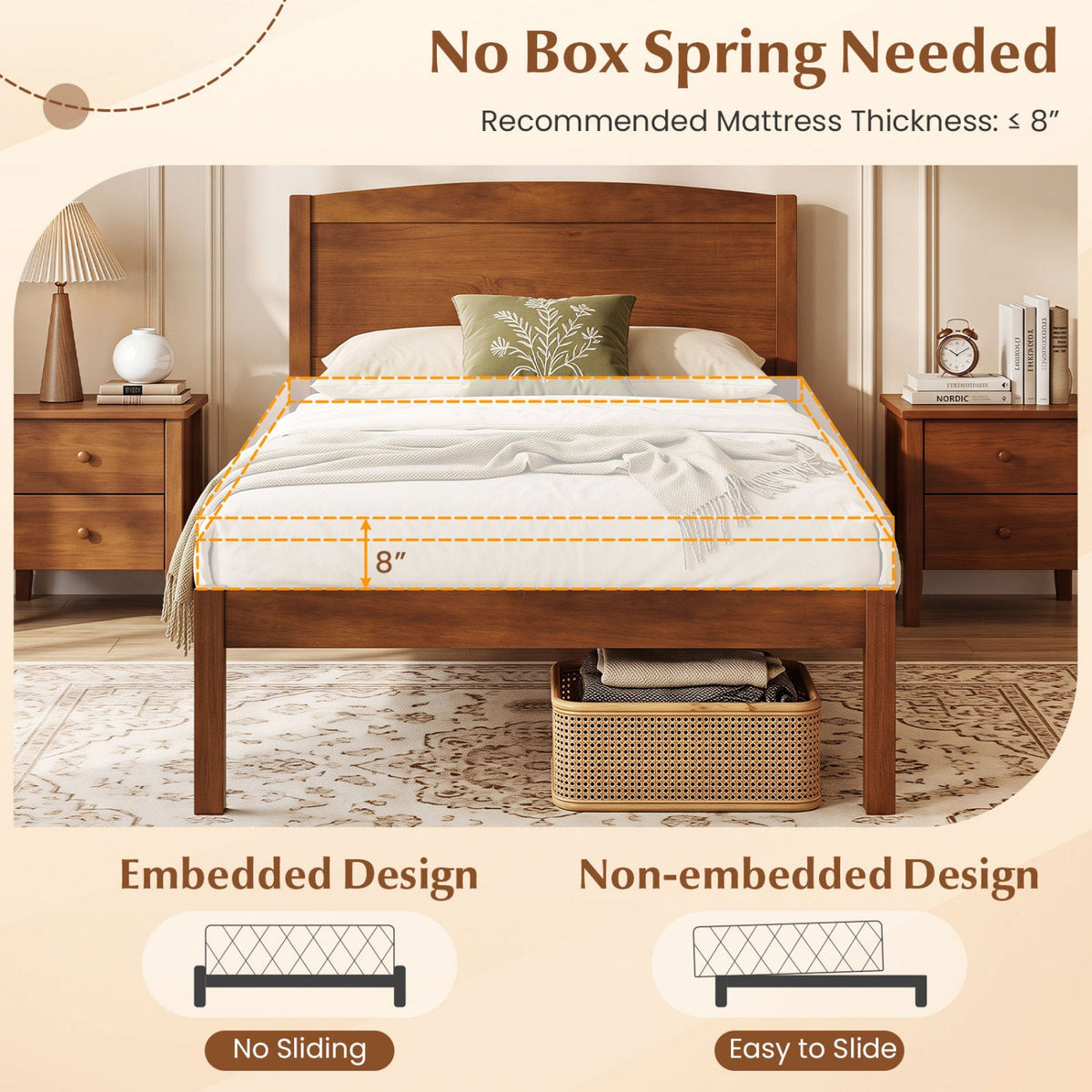 Pine Wood Twin Platform Bed Frame with Curved Headboard