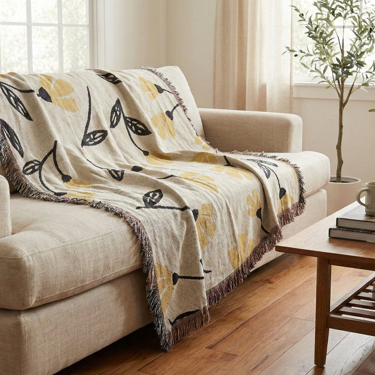 Golden Floral Woven Tapestry Throw – 50" x 60"