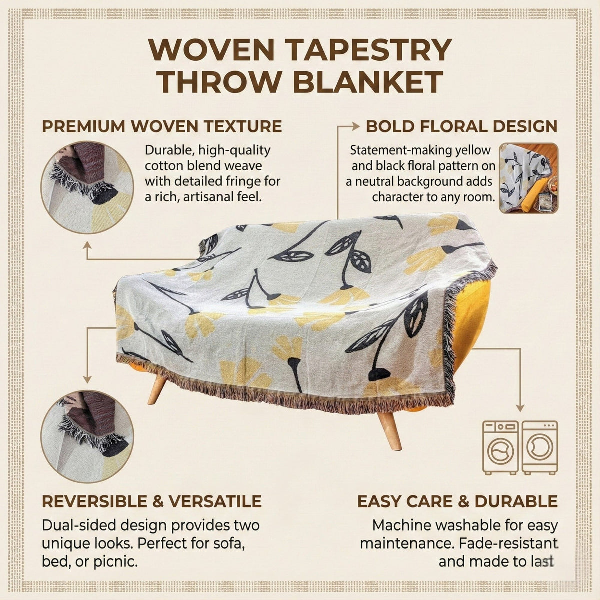 Golden Floral Woven Tapestry Throw – 50" x 60"