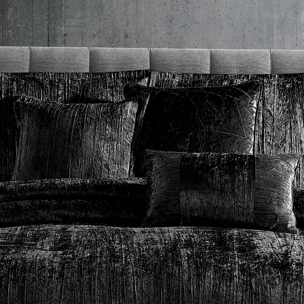 The Turin 7 Piece Black Crinkle Velvet Comforter Set