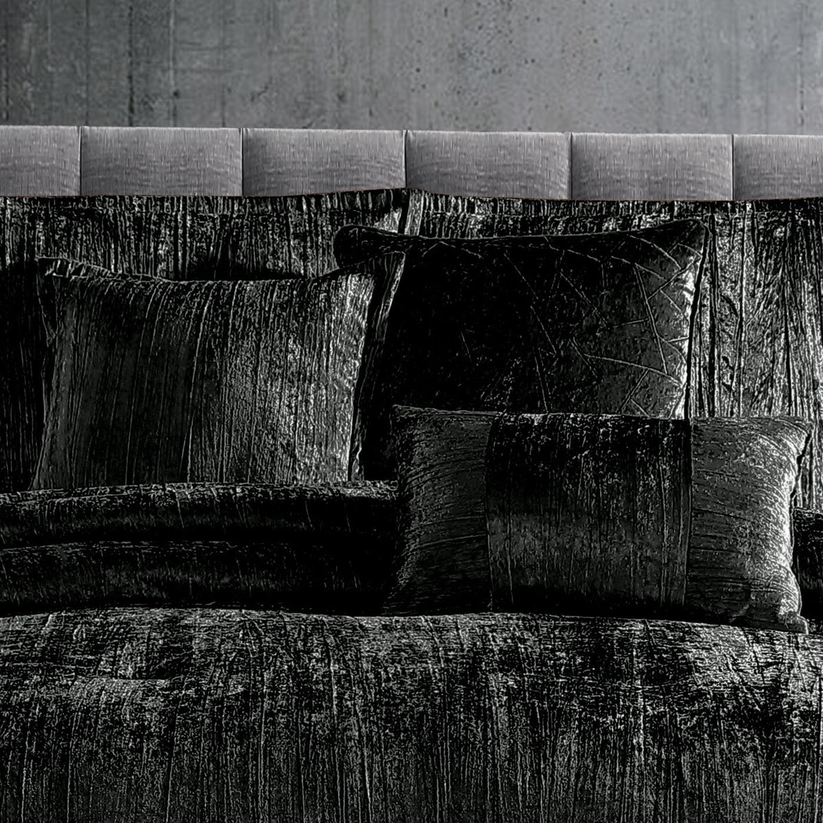 The Turin 7 Piece Black Crinkle Velvet Comforter Set