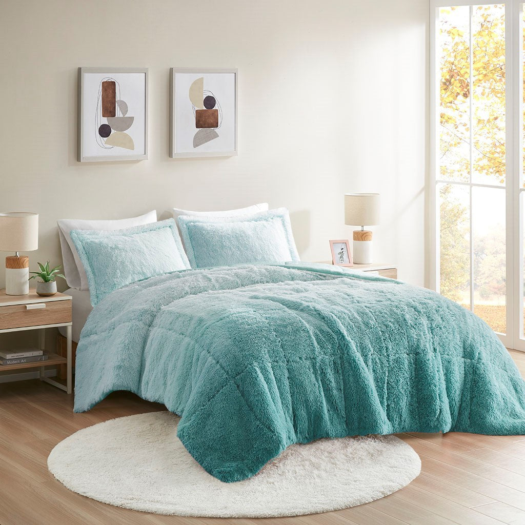 Ombre Shaggy Long Fur Comforter Mini Set-Full/Queen
