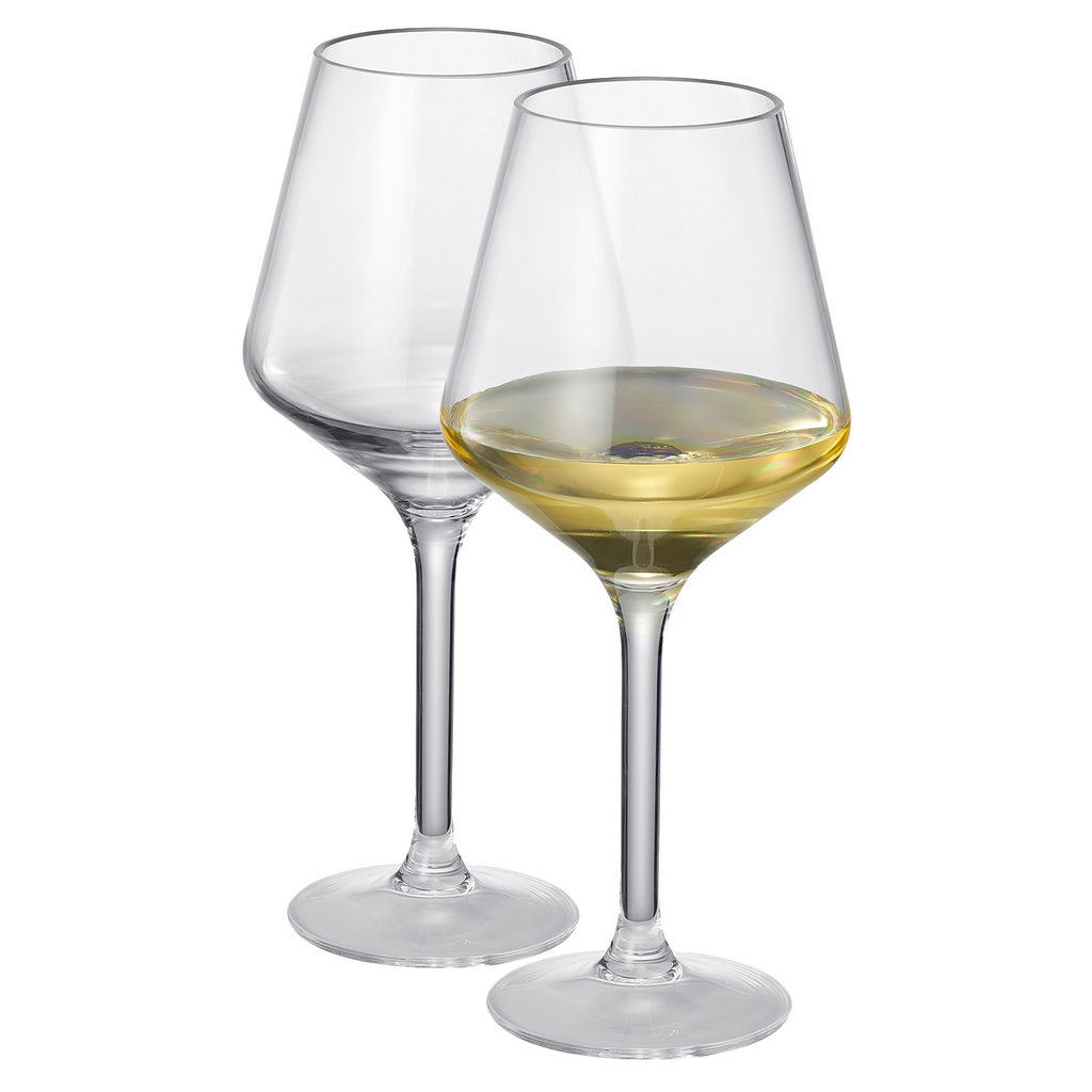 Two wine glasses, one filled with white wine, on a white background