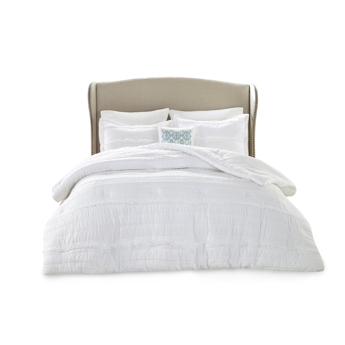 White 5 Piece Microfiber Ruffled Comforter Set - California King