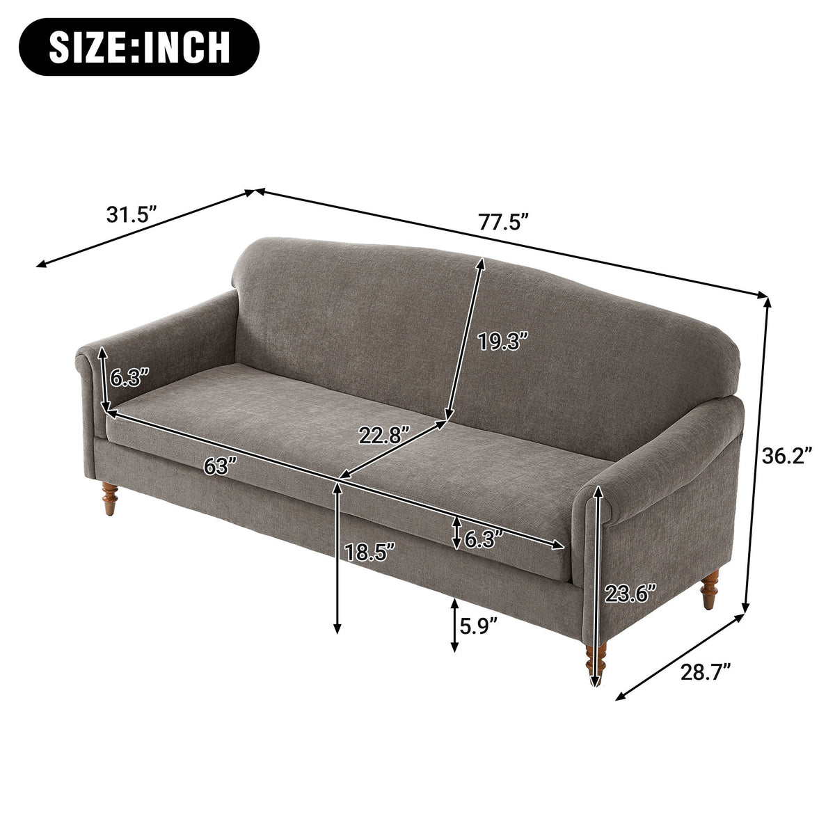 Brown Chenille Loveseat Sofa With Rolled Arm