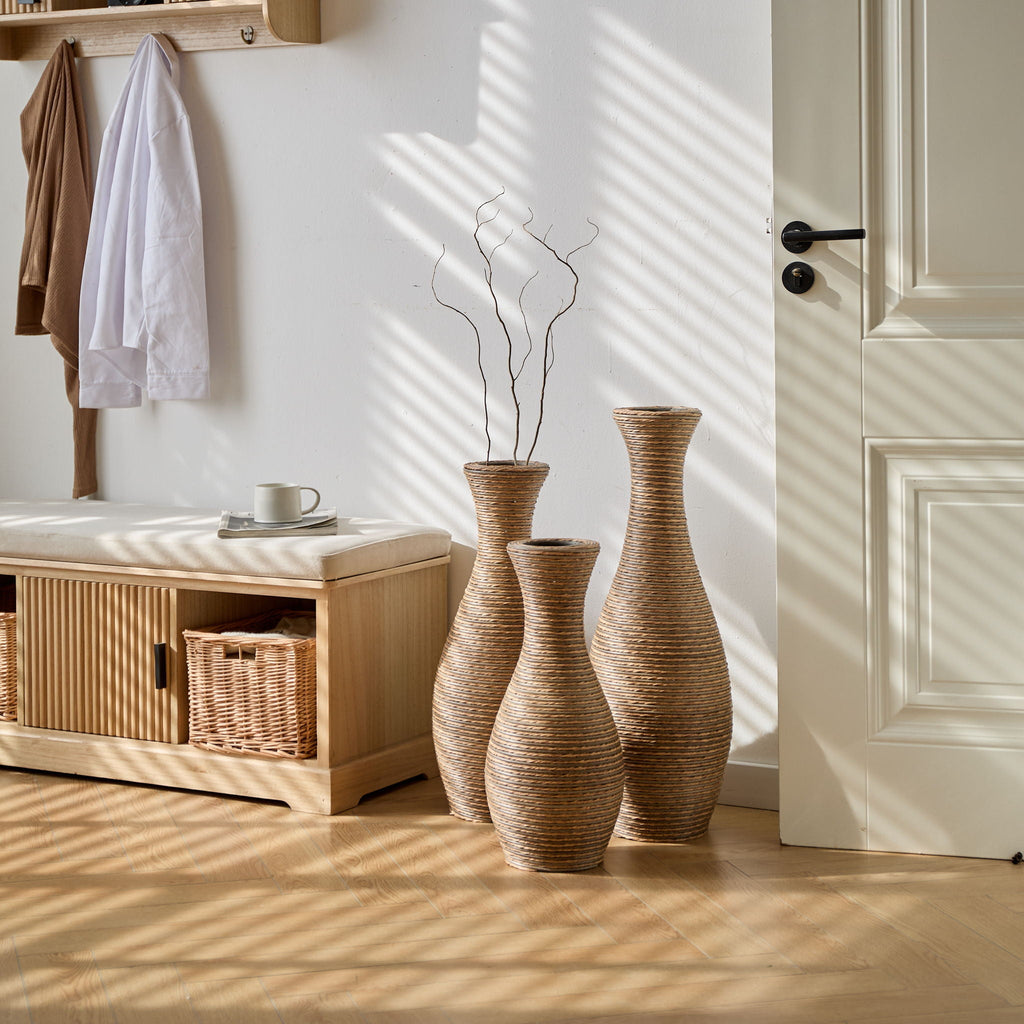 Beige 3 Piece Decorative Floor Vase Set-Ideal For Dried Or Silk Flower Arrangements