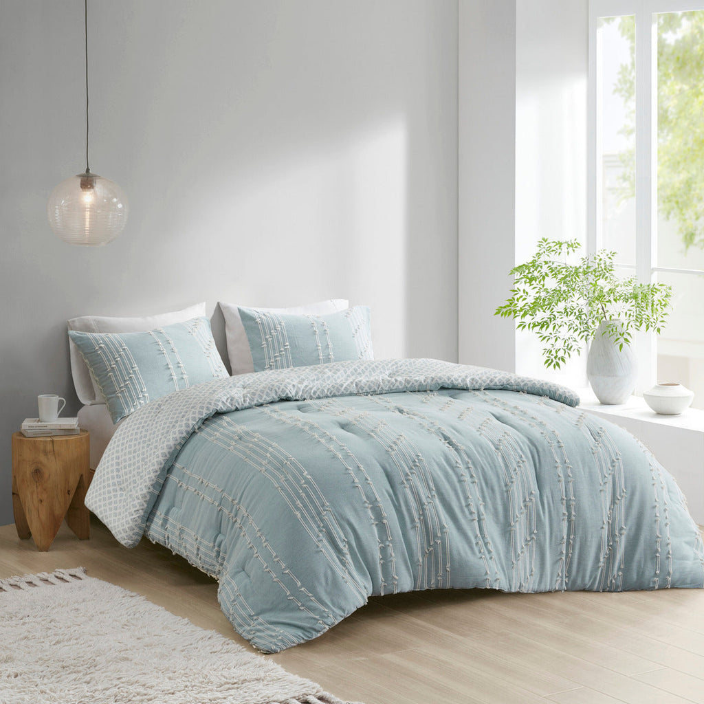 Aqua 3 Piece Cotton Jacquard Comforter Set-Full/Queen
