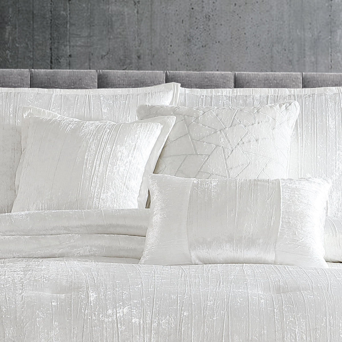 The Turin 7 Piece White Crinkle Velvet Queen Comforter Ensemble