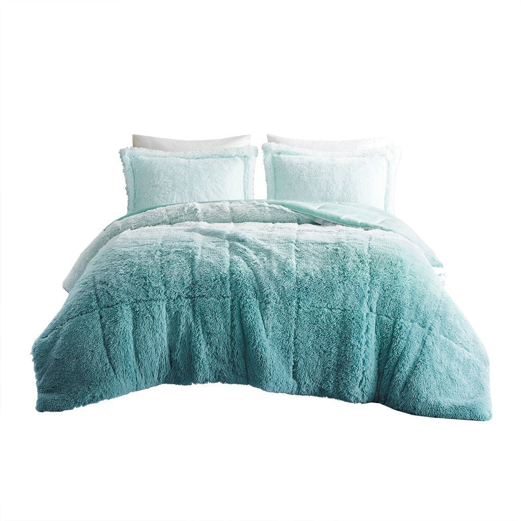 Ombre Shaggy Long Fur Comforter Mini Set-Full/Queen