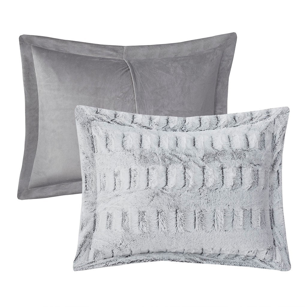 Gray Long Fur Back Print Comforter Mini Set-Full/Queen