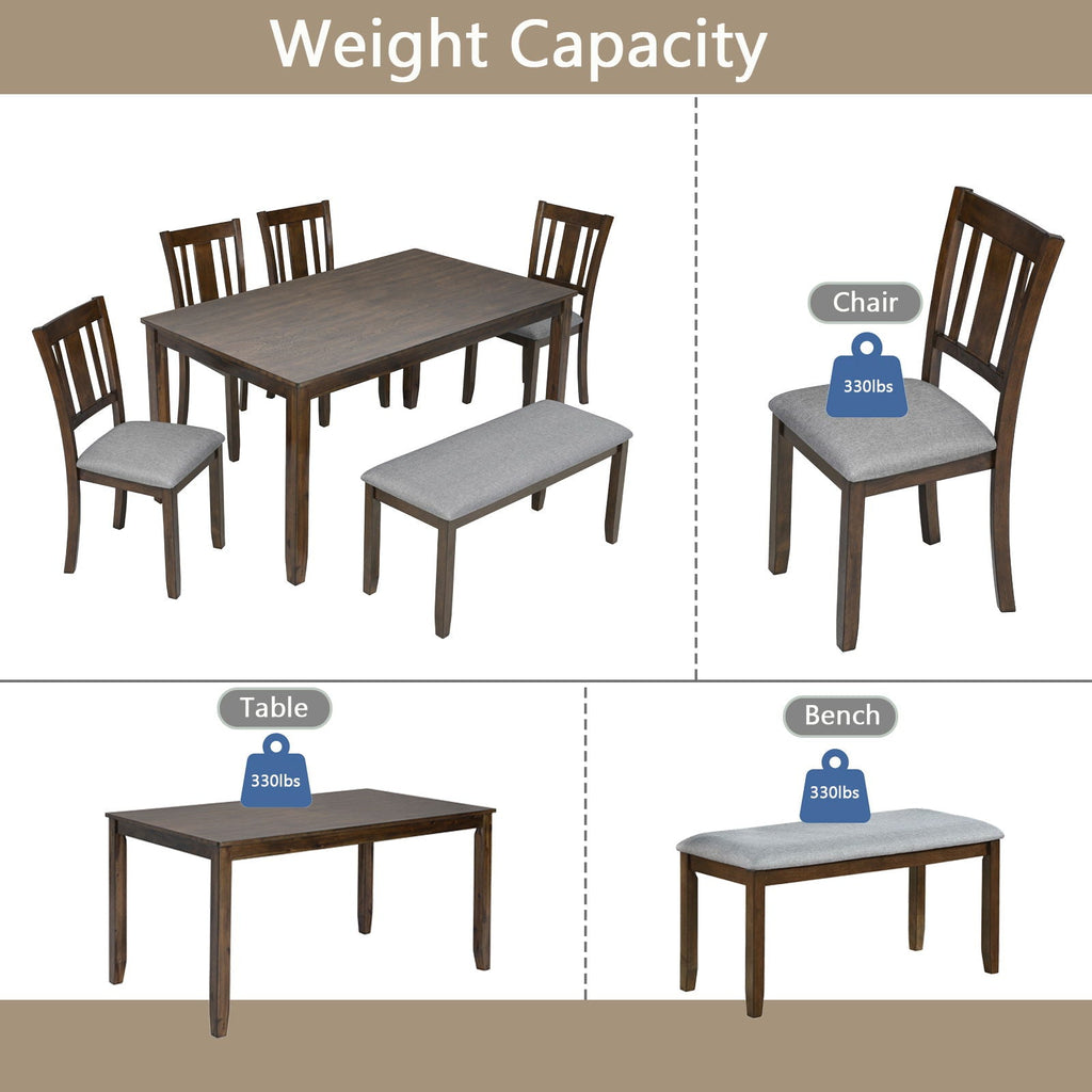 6 Piece Wood Dining Table with 4 Upholstered Chairs And A Bench