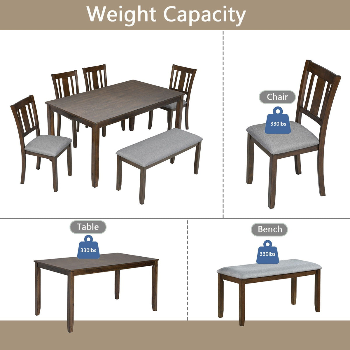 6 Piece Wood Dining Table with 4 Upholstered Chairs And A Bench
