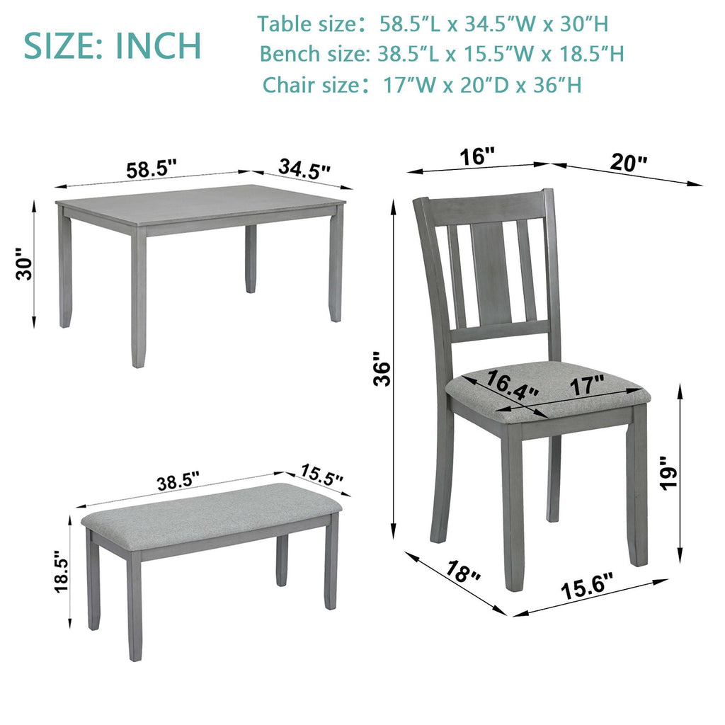 6 Piece Wood Dining Table with 4 Upholstered Chairs And A Bench