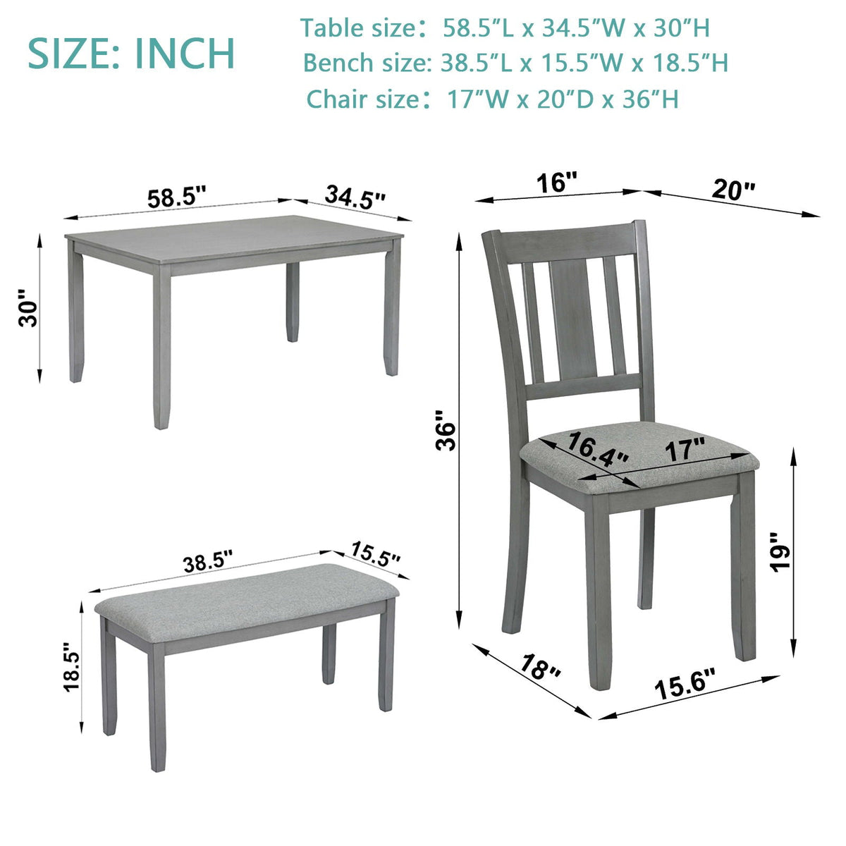 6 Piece Wood Dining Table with 4 Upholstered Chairs And A Bench