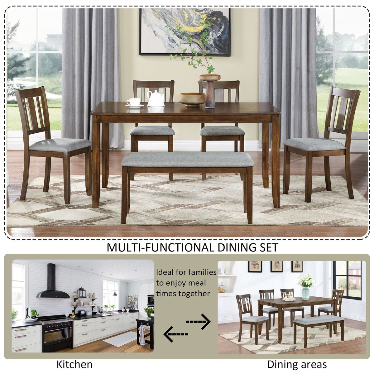 6 Piece Wood Dining Table with 4 Upholstered Chairs And A Bench