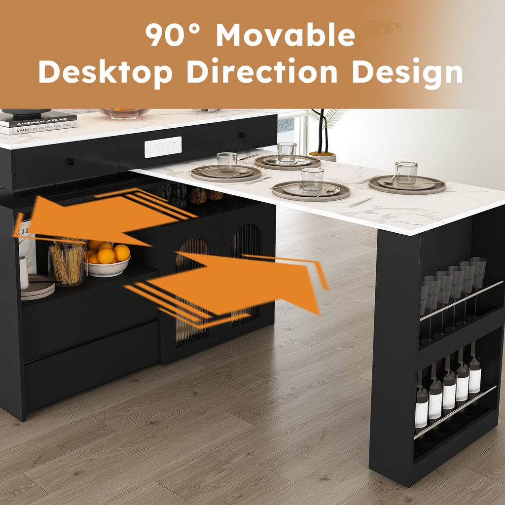 Kitchen Island With Extendable Rotating Table and Glass Door Cabinets