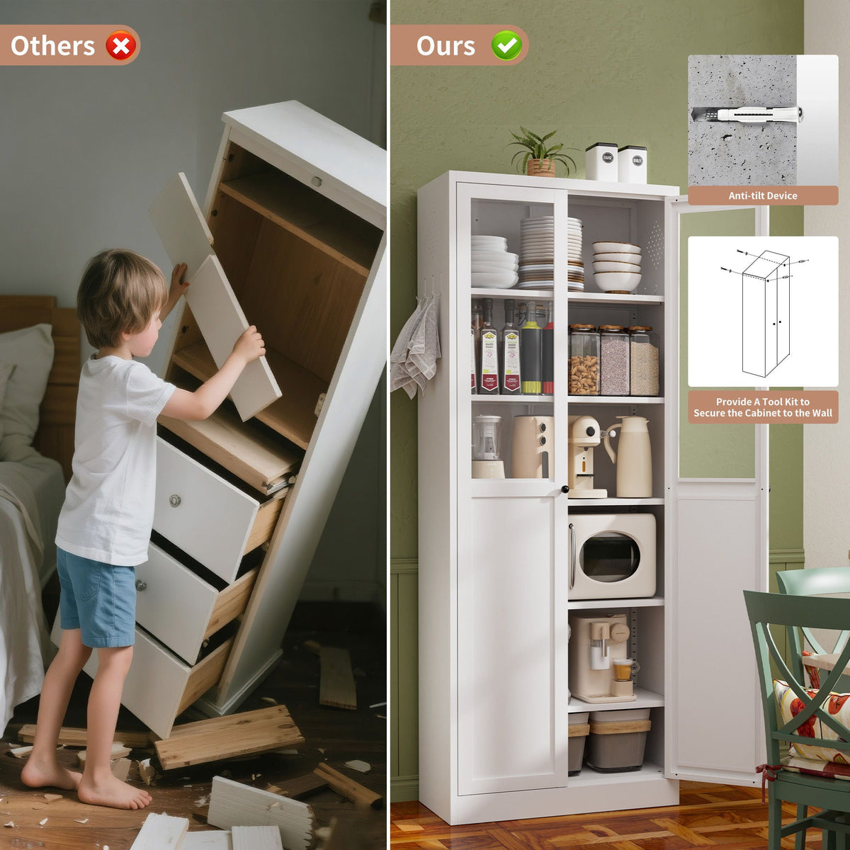 Tall Metal Kitchen Pantry Cabinet with Adjustable Shelves And Silent Magnetic Doors