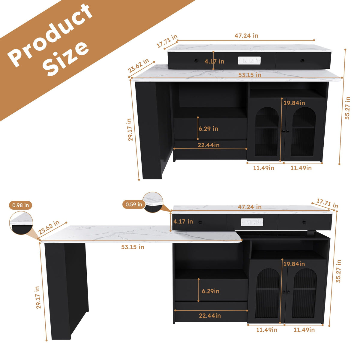 Kitchen Island With Extendable Rotating Table and Glass Door Cabinets