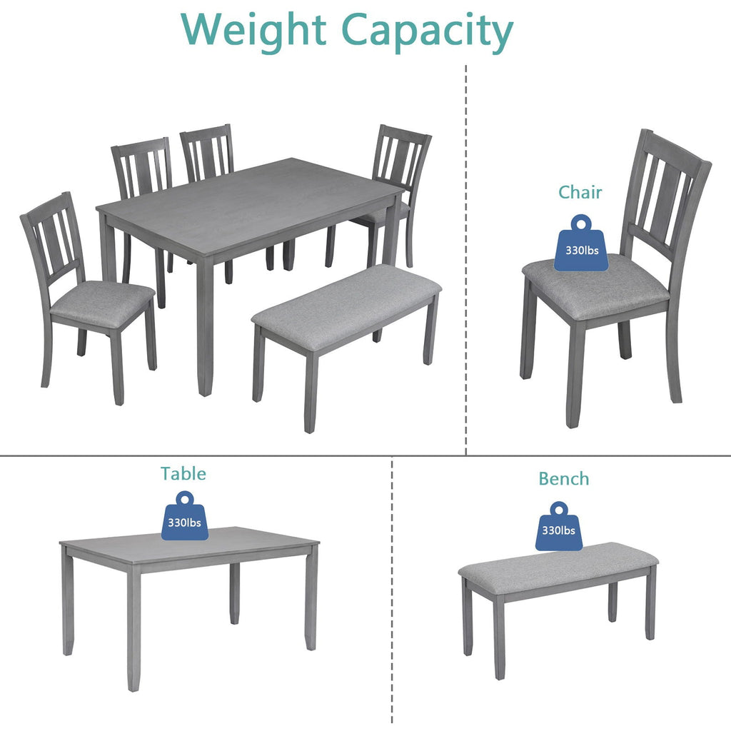 6 Piece Wood Dining Table with 4 Upholstered Chairs And A Bench