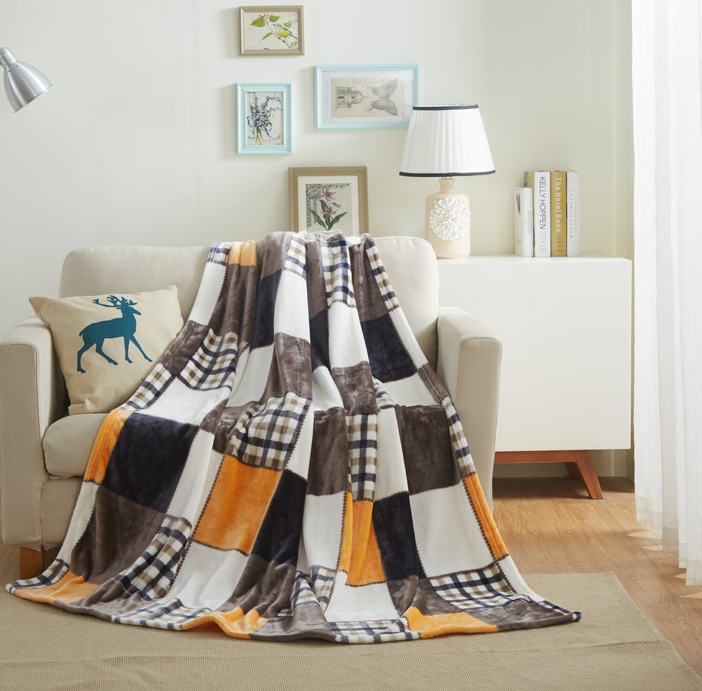 Tache Orange Farmhouse Plaid Micro Fleece Throw Blanket