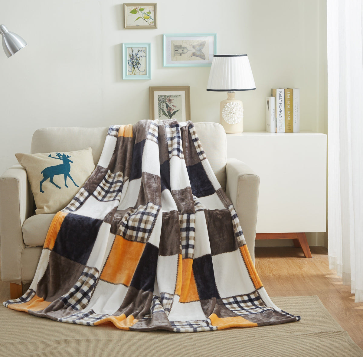 Tache Orange Farmhouse Plaid Micro Fleece Throw Blanket