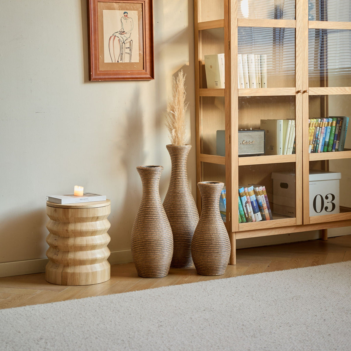 Beige 3 Piece Decorative Floor Vase Set-Ideal For Dried Or Silk Flower Arrangements