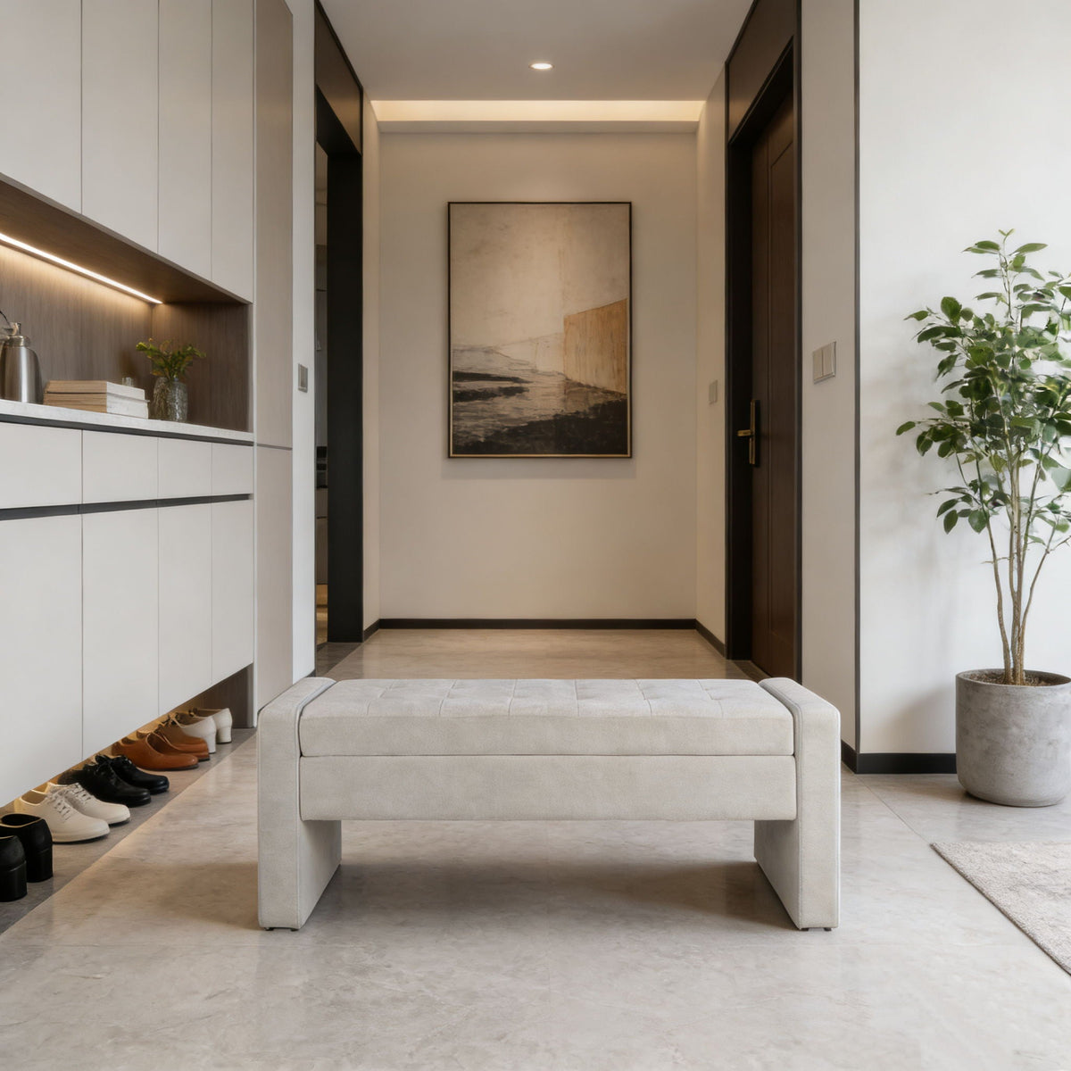 White Modern Upholstered Ottoman with Tufted Seat