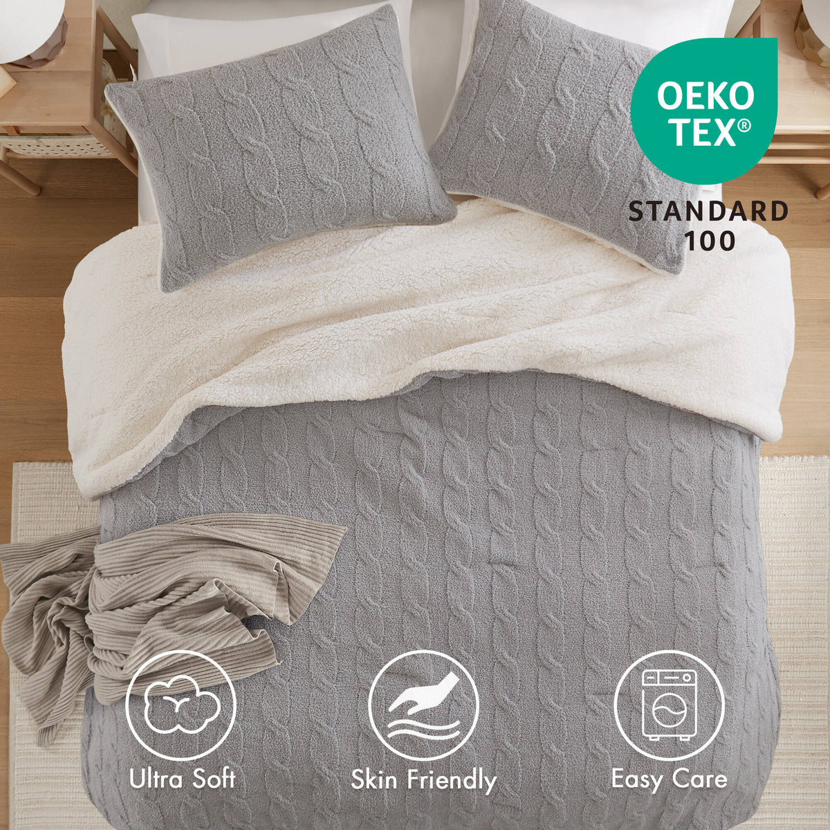 Gray 3 Piece Full/Queen Cable Knit Chenille Comforter Set