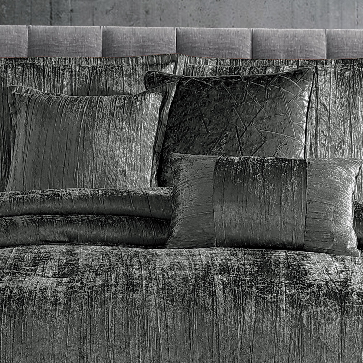 The Turin Charcoal 7 Piece Crinkle Velvet Comforter Ensemble