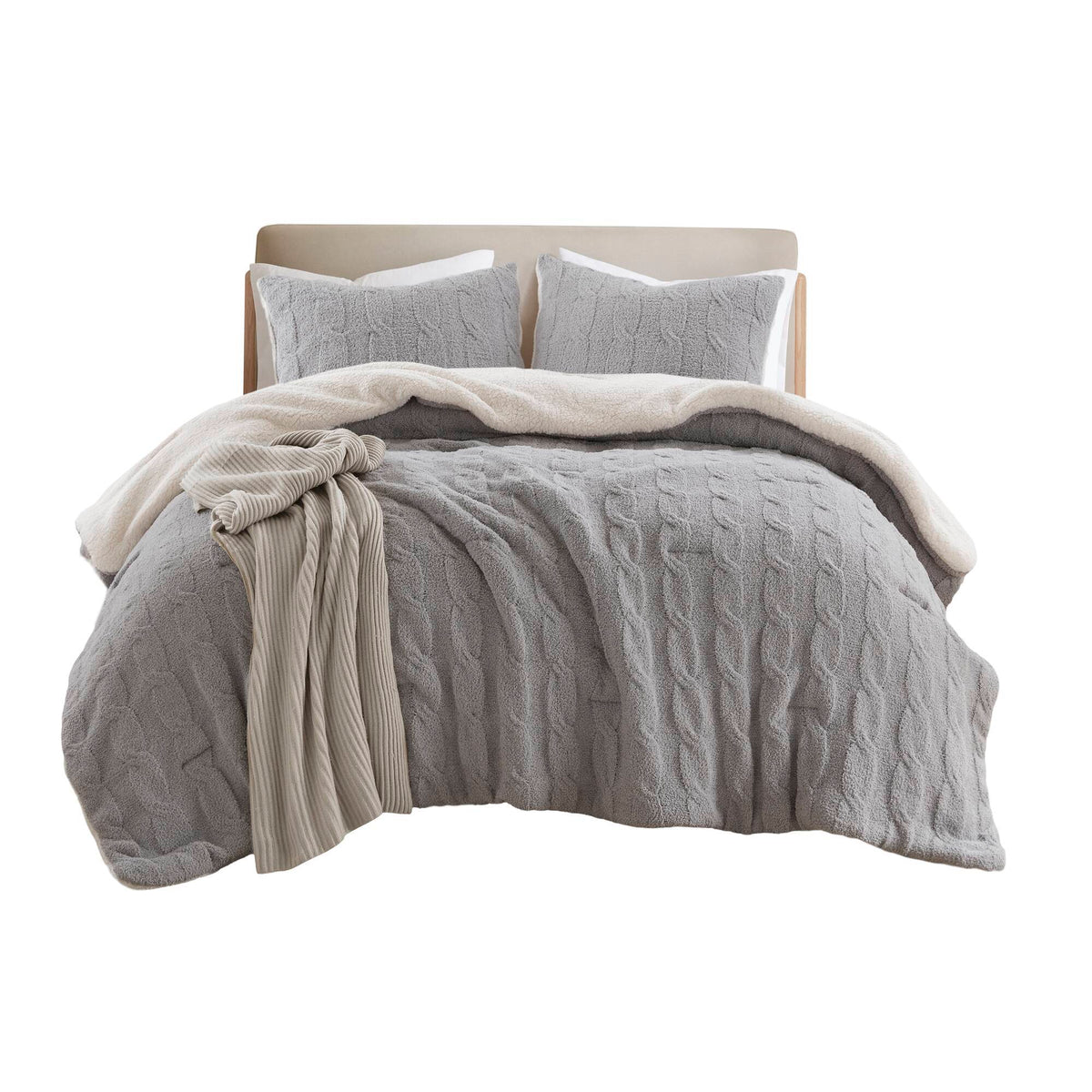 Gray 3 Piece Full/Queen Cable Knit Chenille Comforter Set