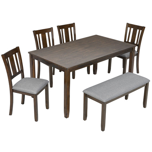 A 5-piece dining room set featuring a rectangular dark brown wood table, four matching slat-back chairs with gray upholstered seats, and a long bench with a gray upholstered seat, shown on a solid white background.