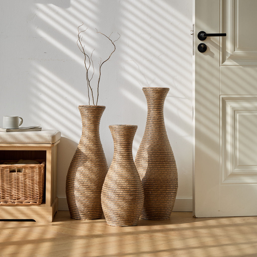 Beige 3 Piece Decorative Floor Vase Set-Ideal For Dried Or Silk Flower Arrangements