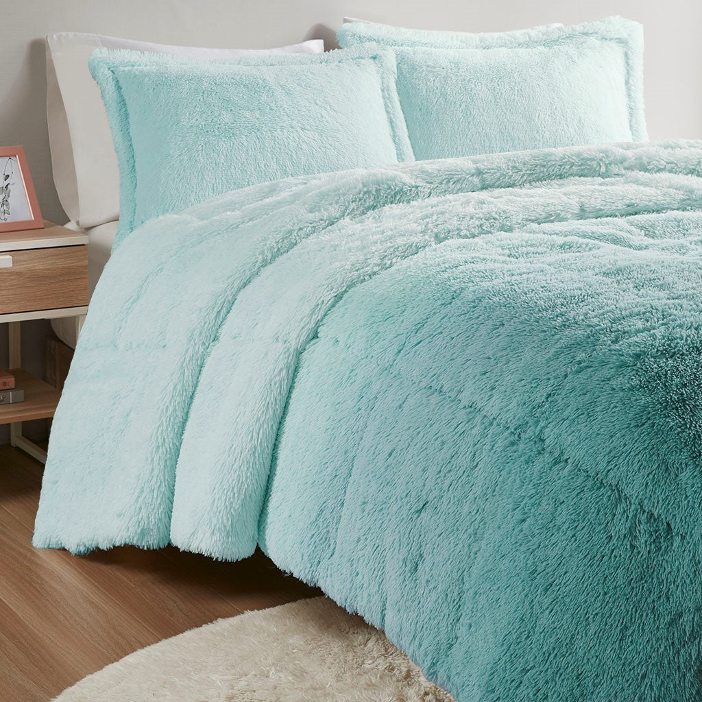 Ombre Shaggy Long Fur Comforter Mini Set-Full/Queen