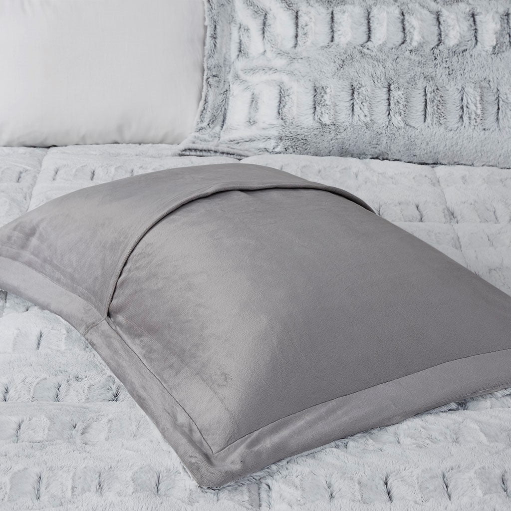 Gray Long Fur Back Print Comforter Mini Set-Full/Queen