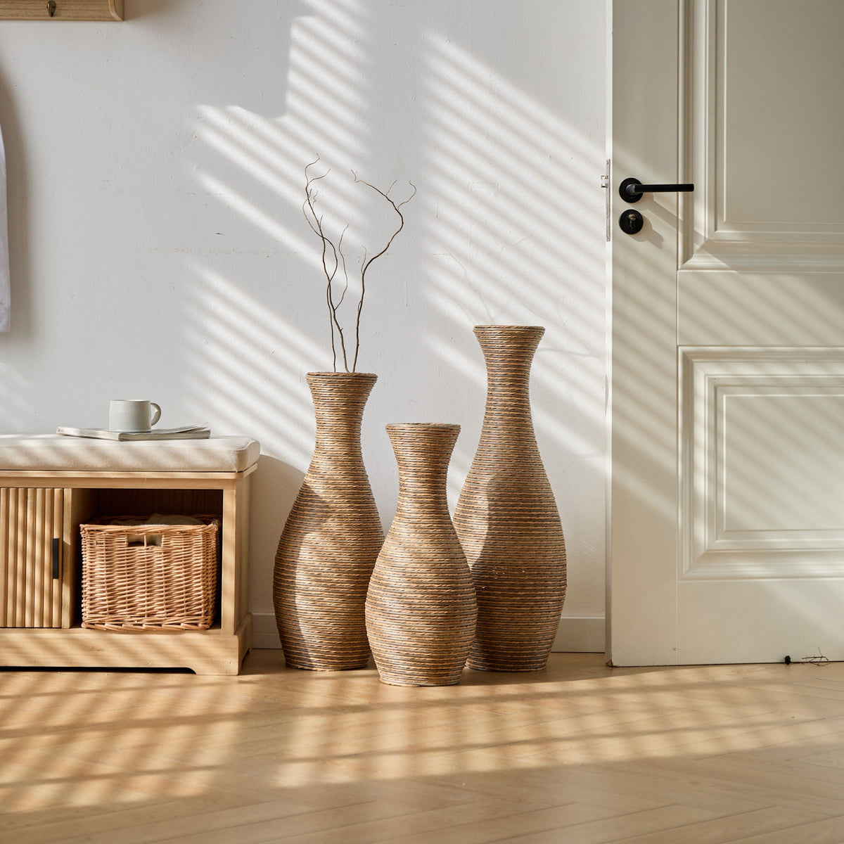 Beige 3 Piece Decorative Floor Vase Set-Ideal For Dried Or Silk Flower Arrangements