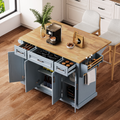 Kitchen island with storage drawers and a coffee maker on a wooden floor.