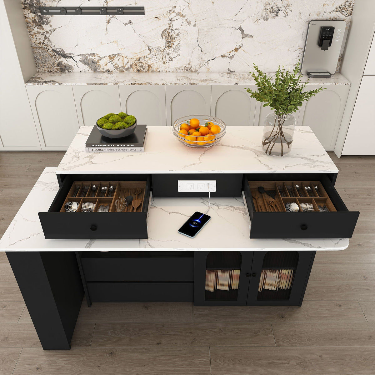 Kitchen Island With Extendable Rotating Table and Glass Door Cabinets