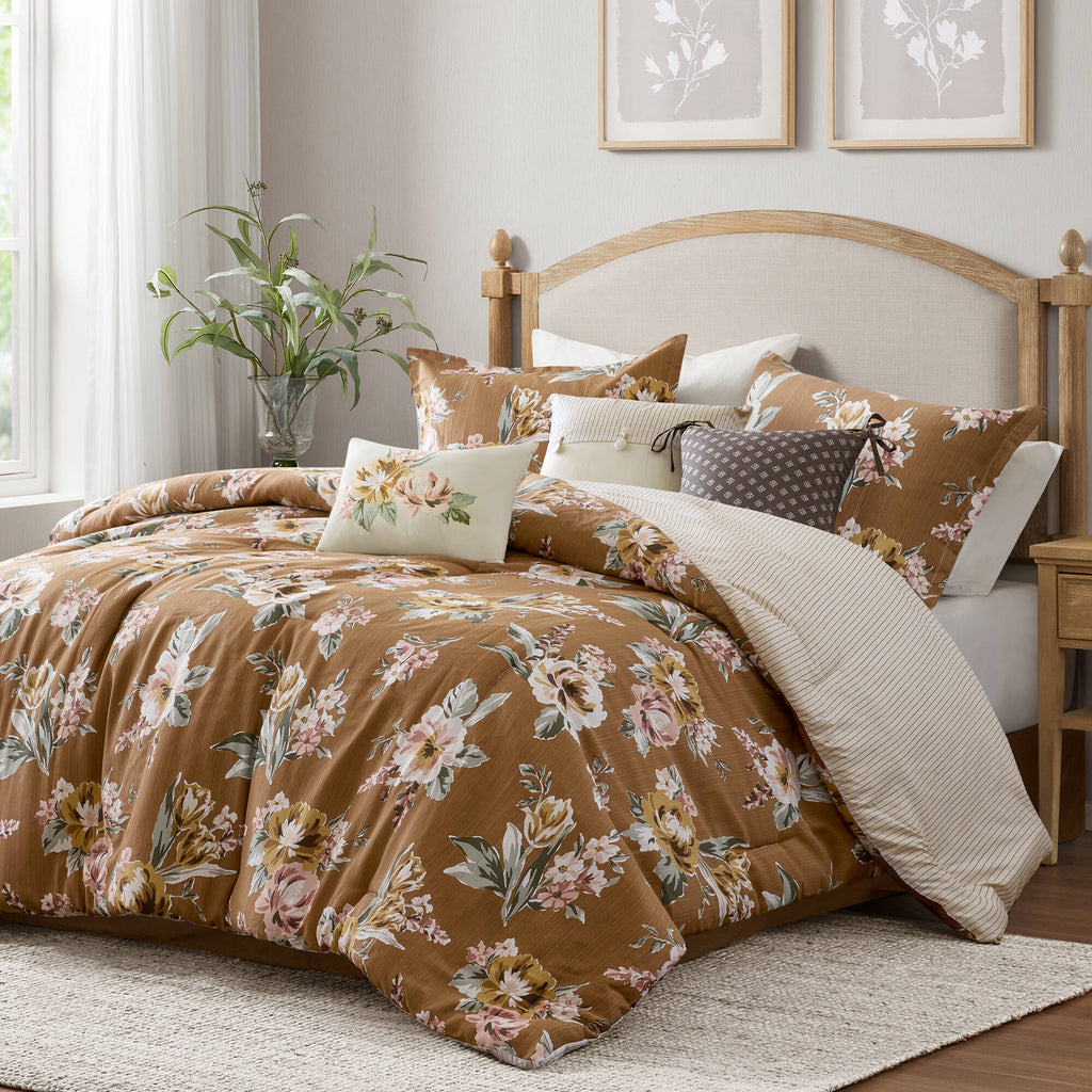 Terracotta 7-Piece Floral Comforter Set-Queen