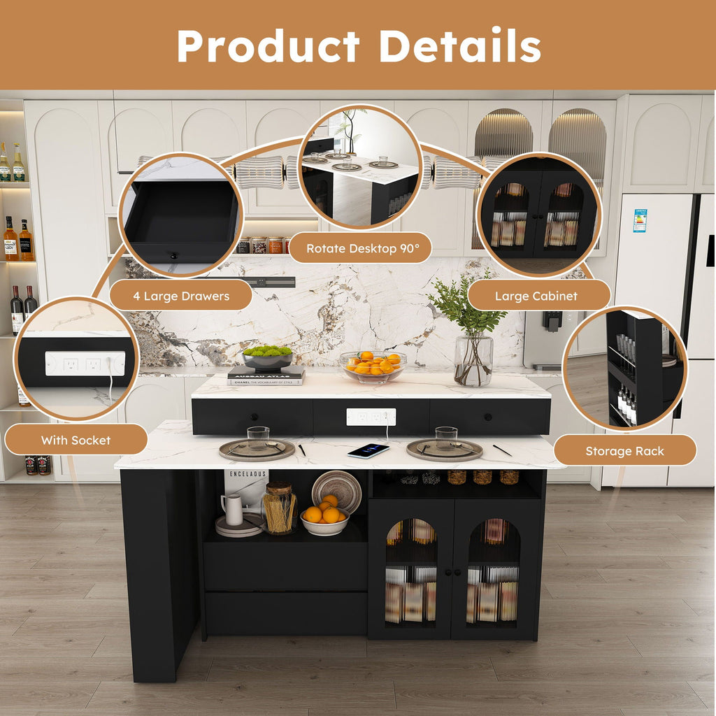 Kitchen Island With Extendable Rotating Table and Glass Door Cabinets