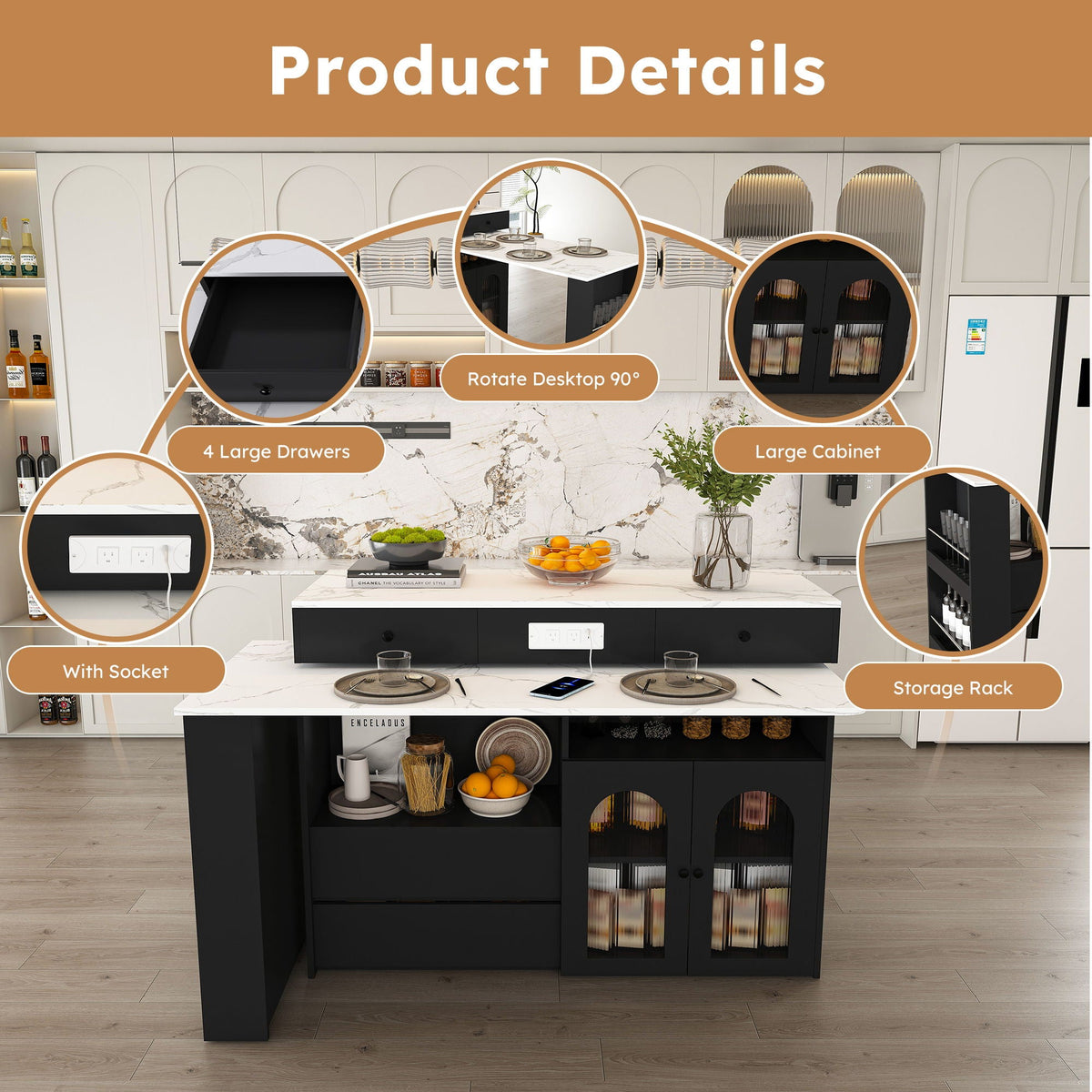 Kitchen Island With Extendable Rotating Table and Glass Door Cabinets