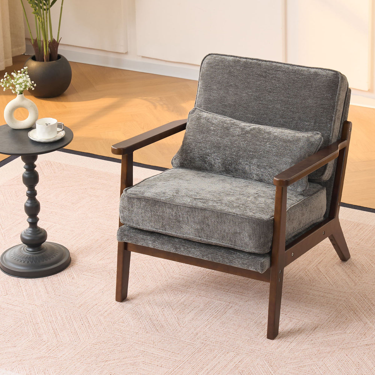 Sleek Mid-Century Chair with Lumbar Pillow