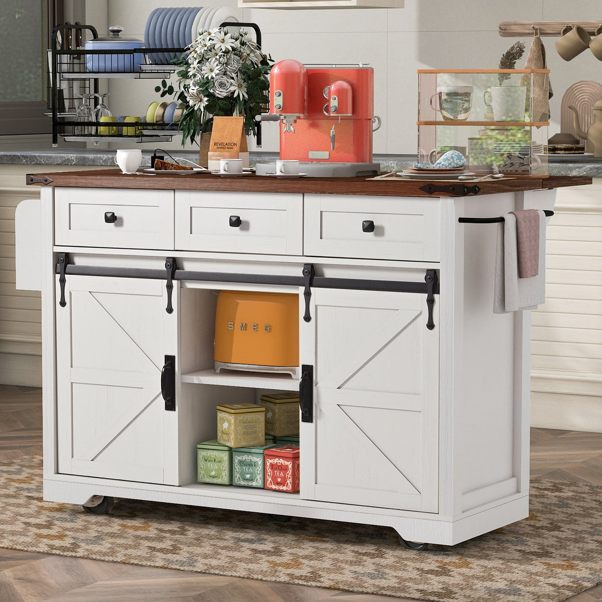 Farmhouse Kitchen Island with Power Outlet-53.7"